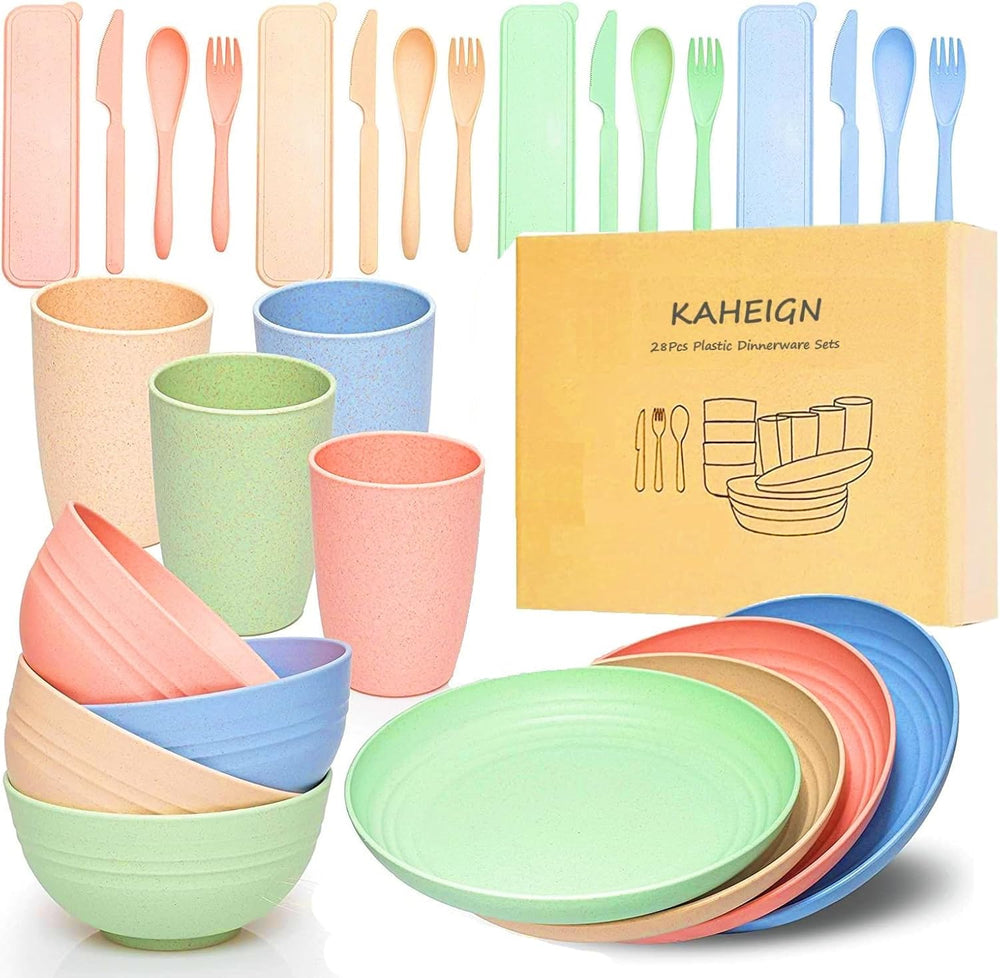 Set de tacâmuri din plastic pentru camping pentru 4 persoane, reutilizabile, indestructibile, farfurii, căni, boluri și tacâmuri ușoare, ecologice, reutilizabile, potrivite pentru cuptorul cu microunde și mașina de spălat vase