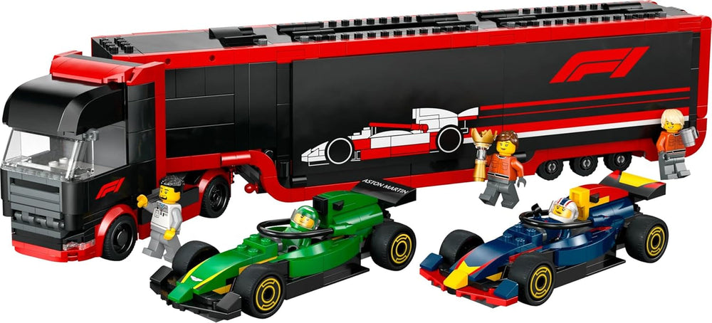 LEGO City F1 Transporter se závodními auty F1 RB20 a AMR24 - Transportér autíček pro týmy Red Bull a Aston Martin Formule 1 - vč. 5 minifigurek – dárek pro chlapce a dívky od 8 let 60445 Stavebnice Besuche den LEGO-Store