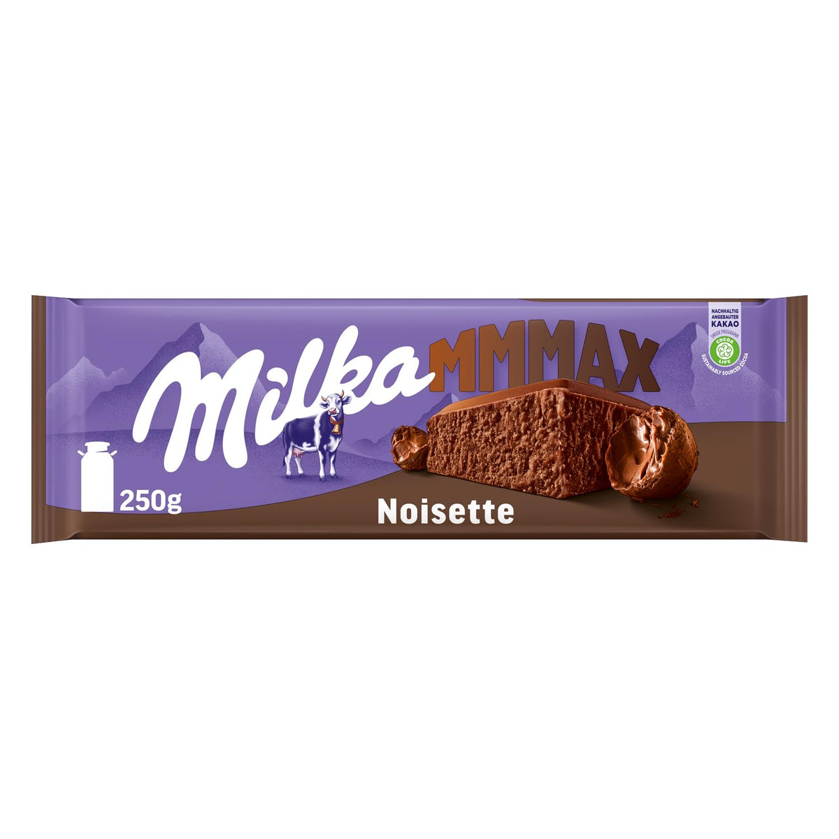 Milka MMMAX Noisette – Čokoláda z alpského mléka s jemnou a krémovou lískooříškovou náplní – 250g