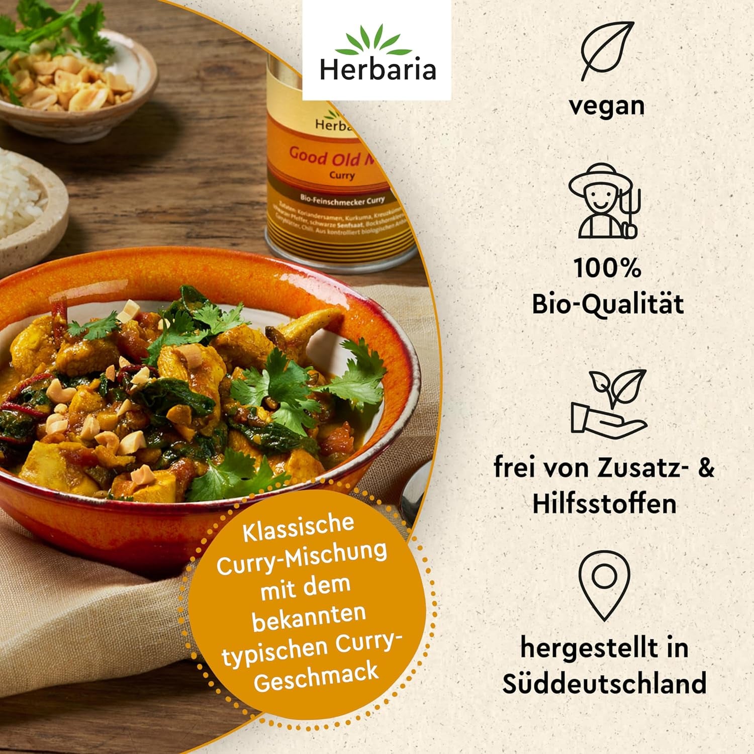 Herbaria Old Good Mild Curry bio 80g M-Dose – Currypulver, Currymischung - Bio-Gewürzmischung für klassische Curry-Spezialitäten z.B. Currywurst - erlesenen Složka v nachhaltiger Aromaschutz-Dose