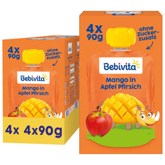 Mačkatelné sáčky Mango Apple Peach – 16 balení (4 balení, 4 x 90 g každý), bez přidaného cukru, bez lepku, ideální pro balené svačiny a na cesty