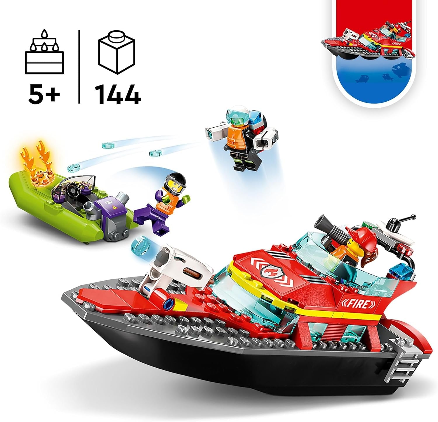 LEGO 60373 City Feuerwehrboot, Spielzeug, das im Wasser wimmt, s Rennboot, 3 minifigurky a Jetpack, Feuerwehr-Boot-Spielzeug Geschenkide für Jungen und Mädchen ab 5 Jahren