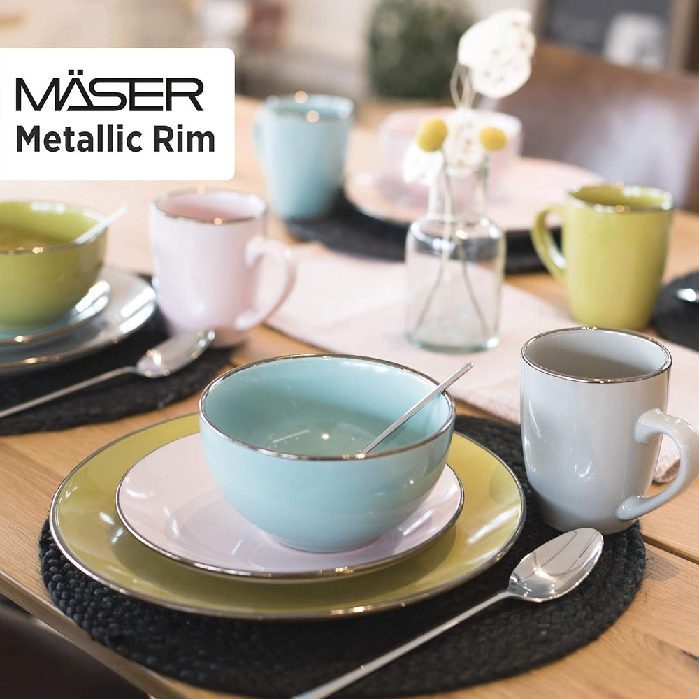 MÄSER Metallic Rim, Modernes Geschirr Set Für 4 Personen Mit Messingfarbenem Rand, 16-Teiliges Kombiservice Mit Randlosen Coupe-Formen, Steinzeug, Grau Sady nádobí Naty Shop