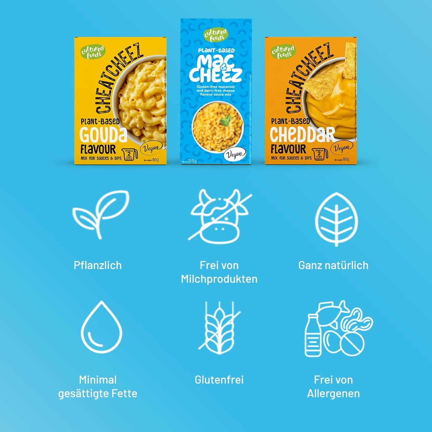 Kultivovaná jídla Vegan 3-er Set Vegan Mac And Cheese, Gouda Sauce, Cheddar Sauce, Laktosefrei Glutenfrei MAC & CHEEZ CHEATCHEEZ