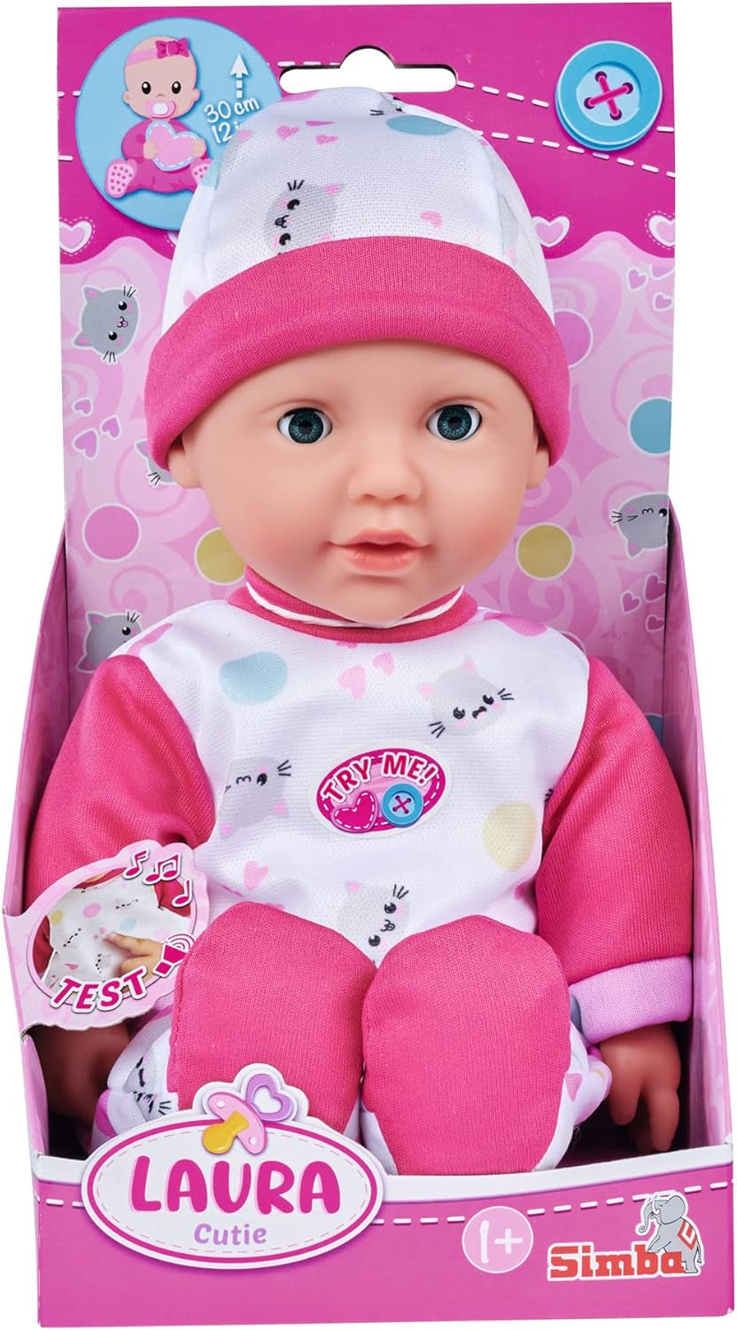 Simba 105140004 - Laura Cutie, păpușă cu corp moale și ochi adormiți într-o salopă drăguță în formă de pisicuță, 5 sunete, 30 cm, de la 12 luni