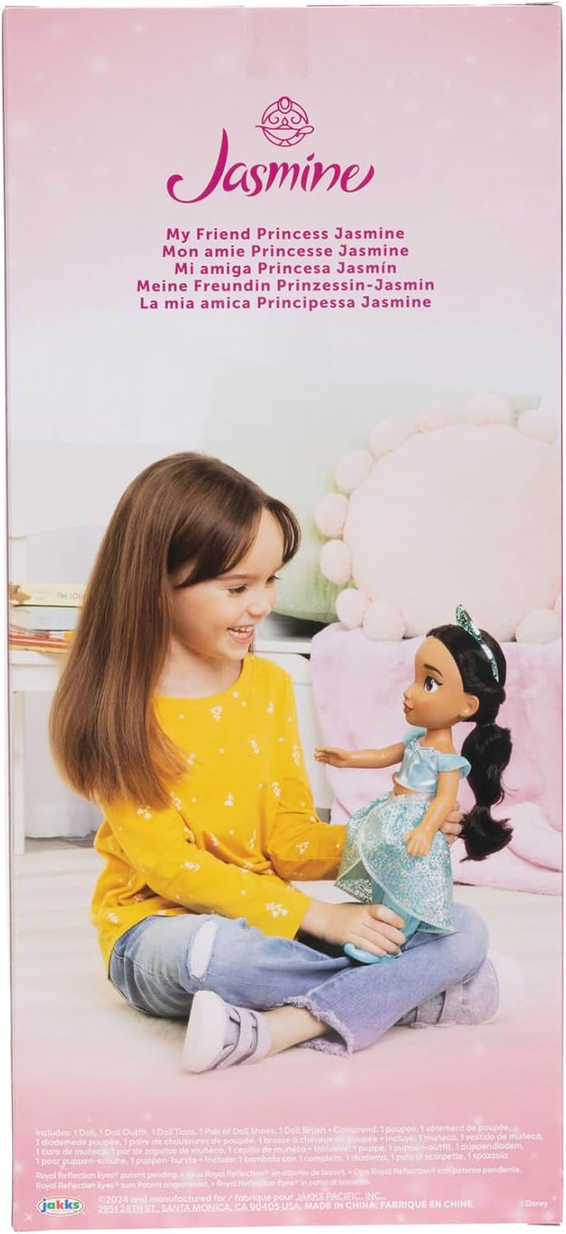Disney Princezna Jasmin Puppe 35 cm, reflexní lesk, bewegliche Gelenke, ausziehbares Outfit, Schuhe, Krone, langes geflochtenes Haar, für Mädchen ab 3 Jahren