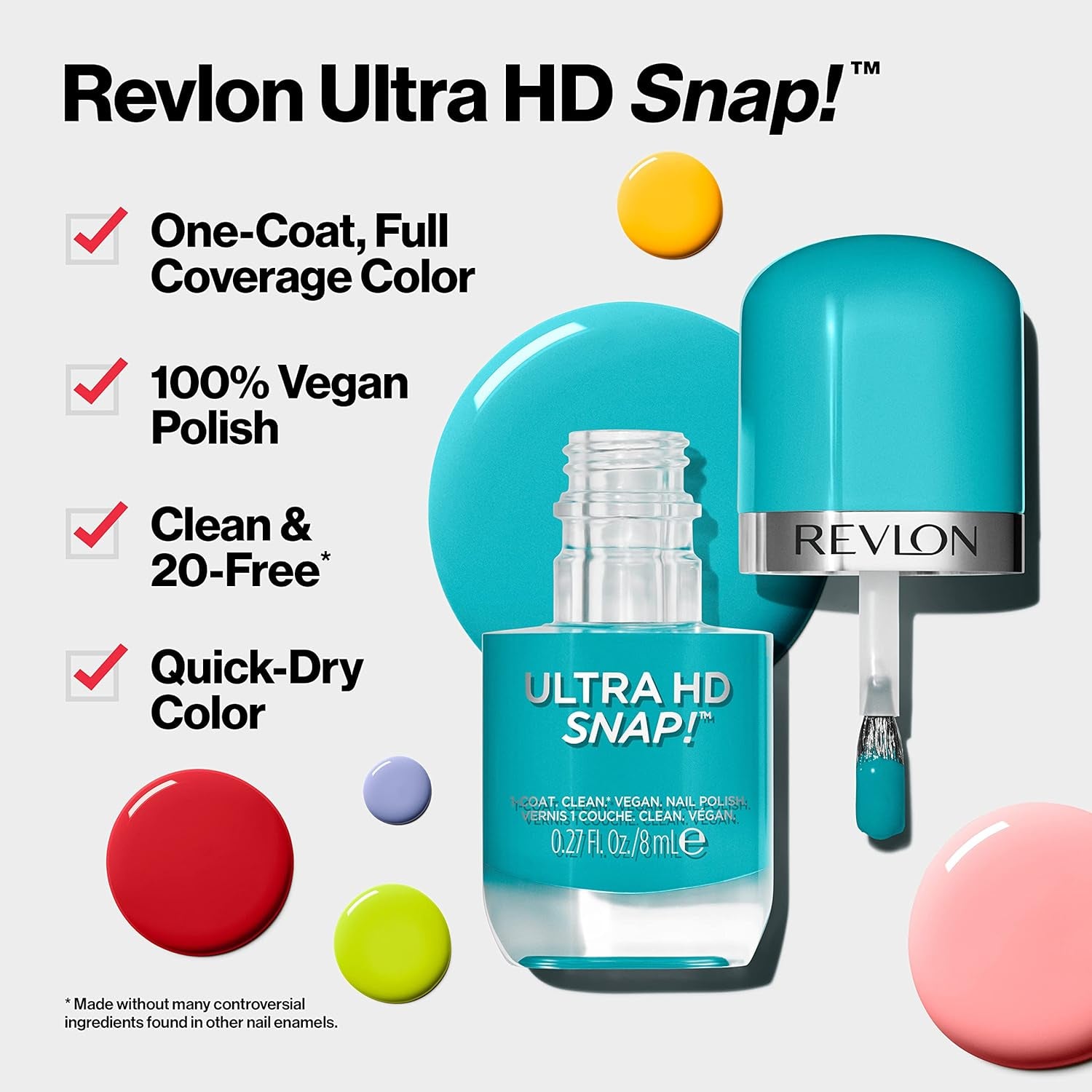 Revlon Ultra HD Snap lak na nehty, dlouhotrvající veganské složení, rychleschnoucí a plné krytí v jedné vrstvě, barva (8 ml), červená a černá (014), unisex