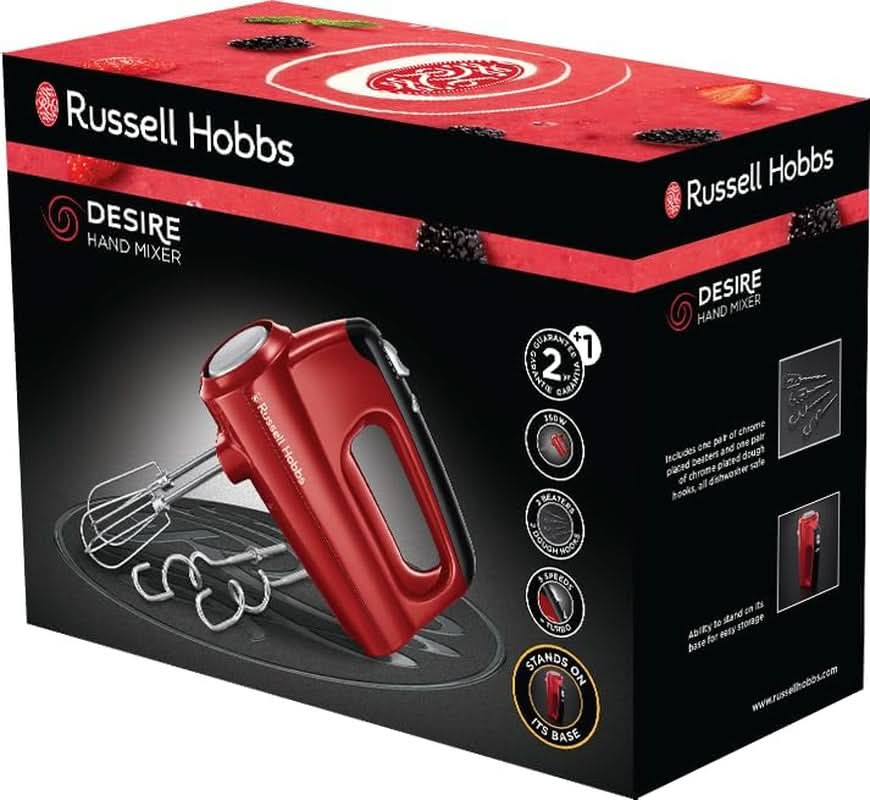 Ruční mixér Russell Hobbs [Handrührgerät] Desire Rot (5 Geschwindigkeitsstufen+Turbofunktion, 2 Spülmaschinengeeignete Rührbesen & Knethaken, Auswurftaste, Aufrechte Parkposition) Handrührer 24670-56 Kitchen Naty Shop