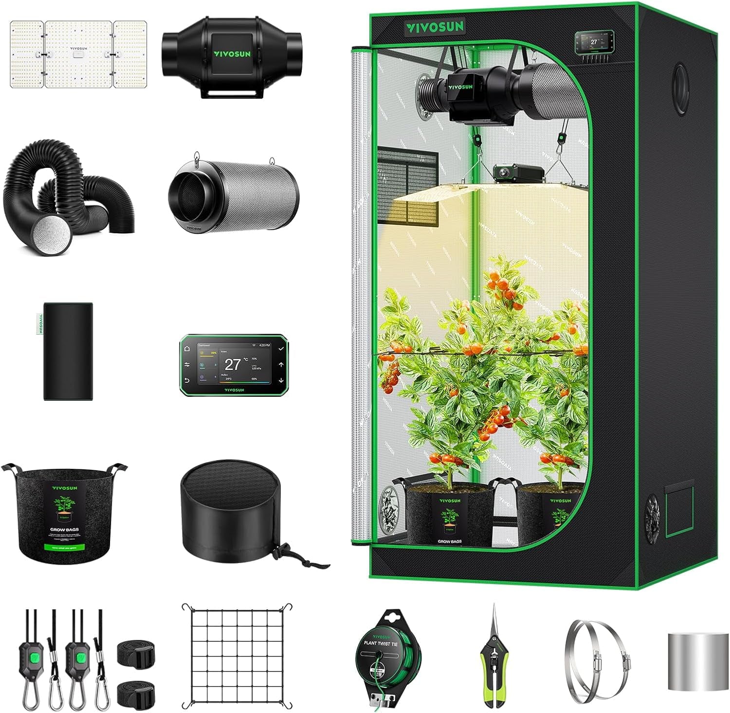 VIVOSUN Smart Grow Tent Full Set 60x60x120cm, integrovaný WiFi automatický pěstební systém se 100W celospektrálním LED světlem a účinným ventilačním systémem s ovladačem GrowHub E42A+