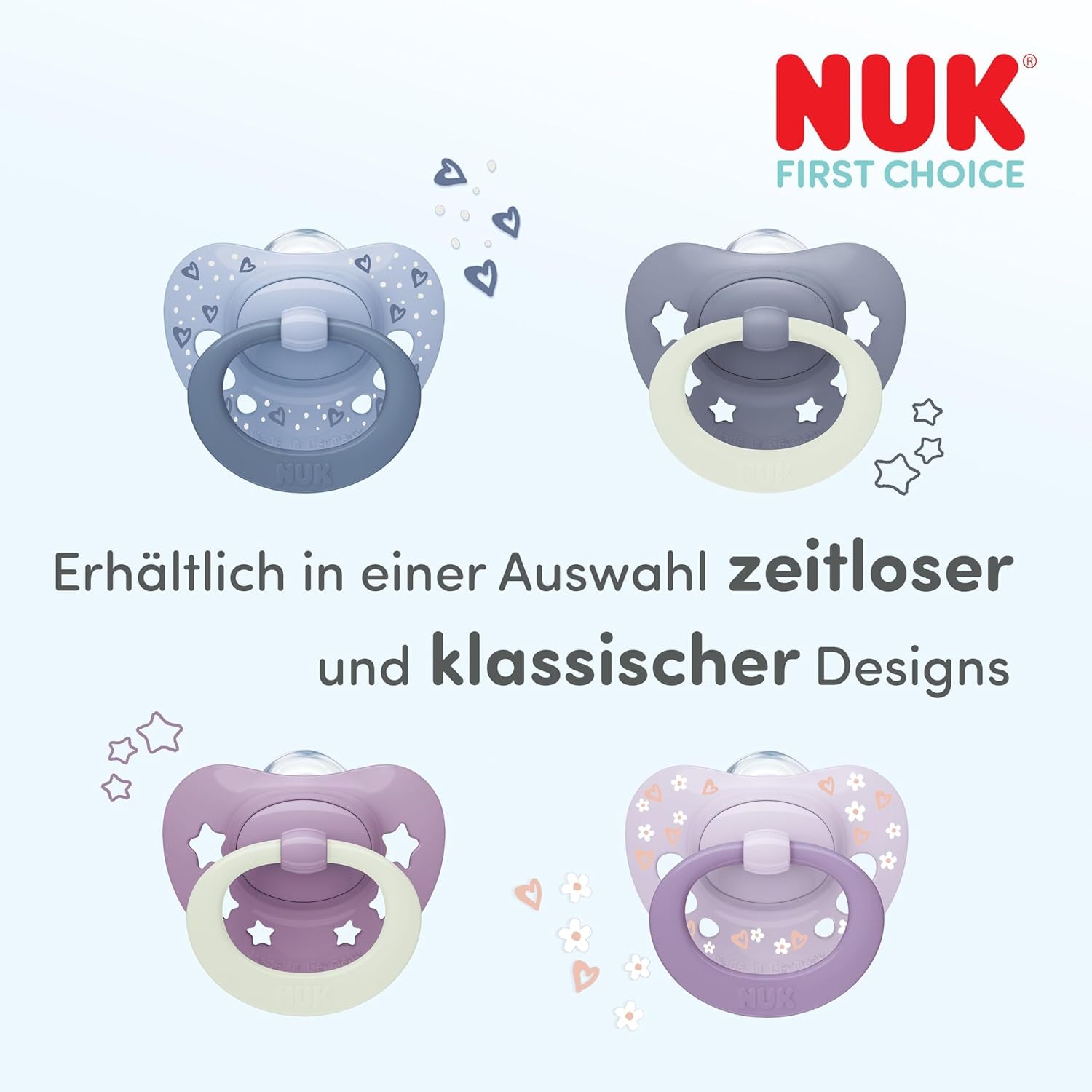Suzete NUK First Choice Classic Day & Night pentru bebeluși | 6-18 luni | Suzete ortodontice care strălucesc în întuneric | Acceptare 95% de către bebeluși** | Albastru | Pachet de 2