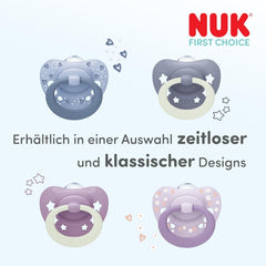 Suzete NUK First Choice Classic Day & Night pentru bebeluși | 6-18 luni | Suzete ortodontice care strălucesc în întuneric | Acceptare 95% de către bebeluși** | Albastru | Pachet de 2