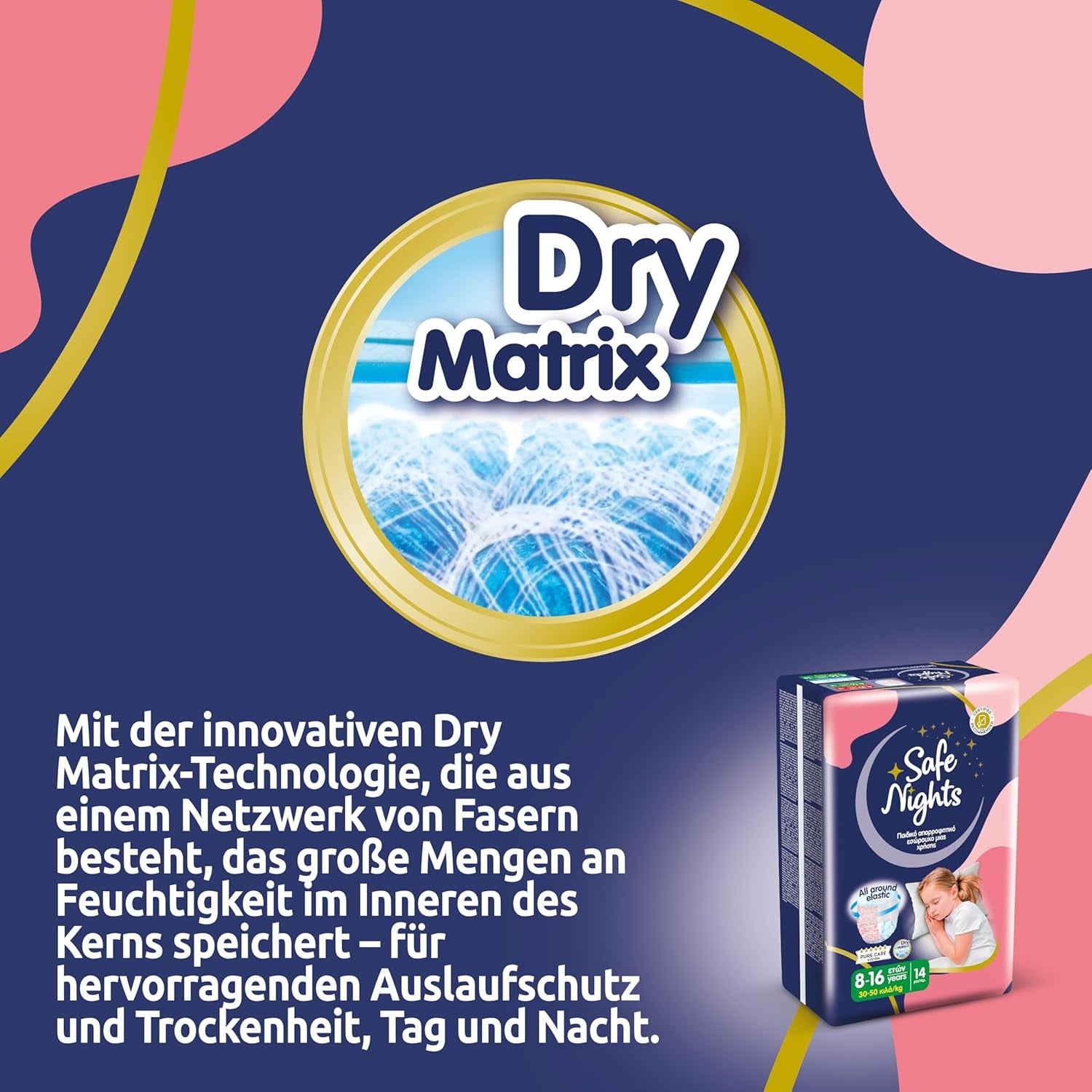 Safe Nights Girl, Dívčí 8-16 let (30-50 kg), Absorpční noční prádlo, 14 balení