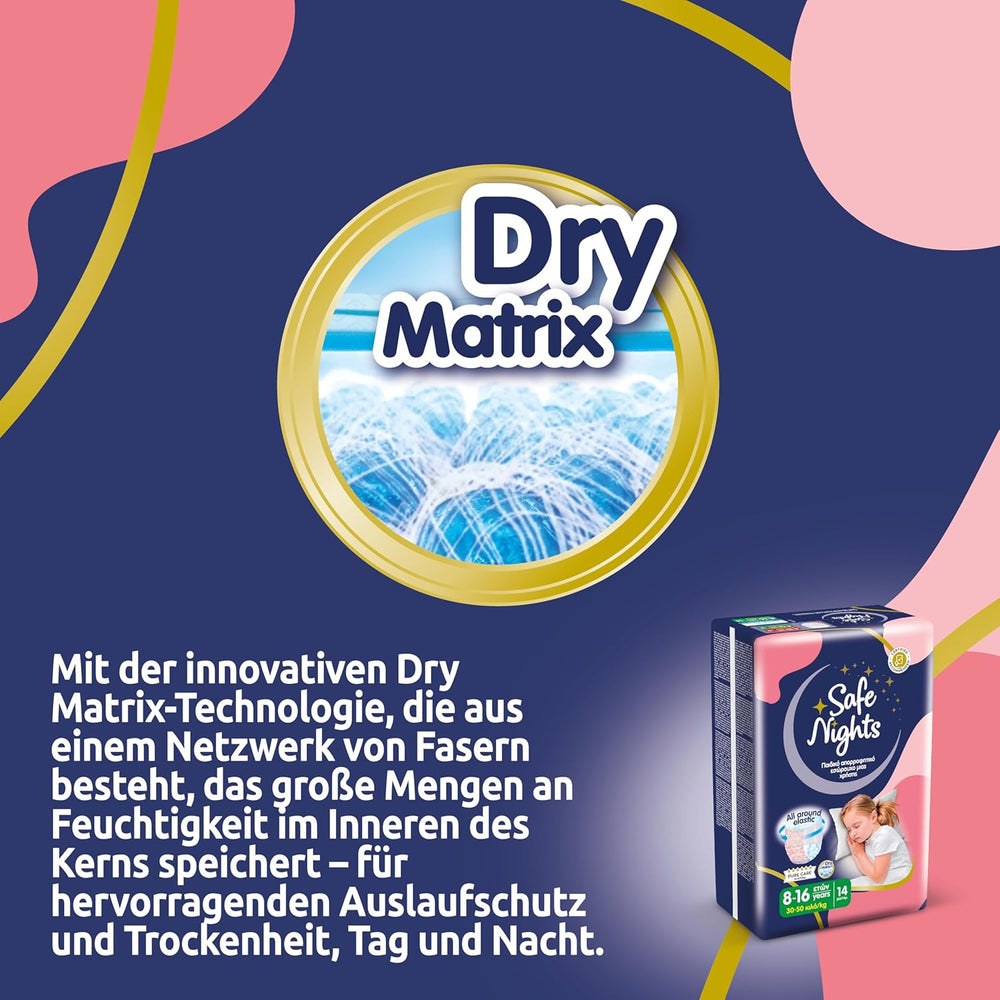 Safe Nights Girl, Dívčí 8-16 let (30-50 kg), Absorpční noční prádlo, 14 balení