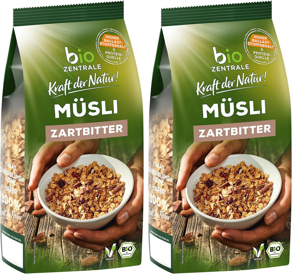 Biocentrální müsli s hořkou čokoládou | 500g Bio Vegan | Ideální na snídani a šálek müsli s sebou | Alternativa k müsli tyčinkám