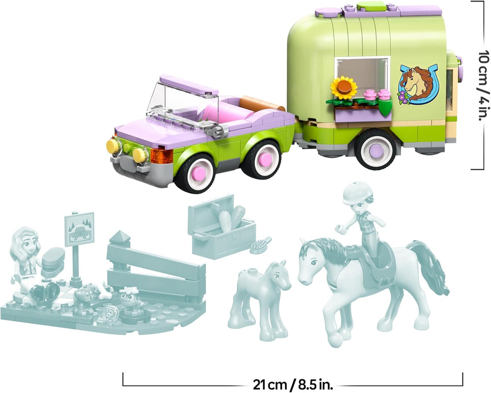 LEGO Friends Pferd und Fohlen mit Pferdeanhänger - Pferde Spielset mit Pflegezubehör, 4 Tierfiguren, Auto & 2 Mini Puppen - Geschenkeidee zum Geburtstag für Mädchen ab 7 Jahren - 42695
