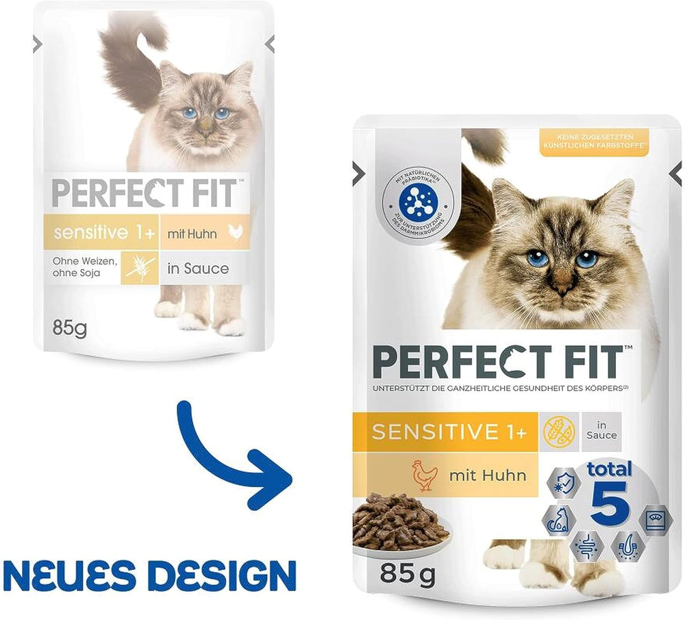 Hrană umedă pentru pisici Perfect Fit Sensitive 1+ cu pui în sos, 12 pliculețe, 12 x 85g – Hrană umedă premium pentru pisici sensibile de la 1 an, fără grâu și soia, pentru a susține digestia