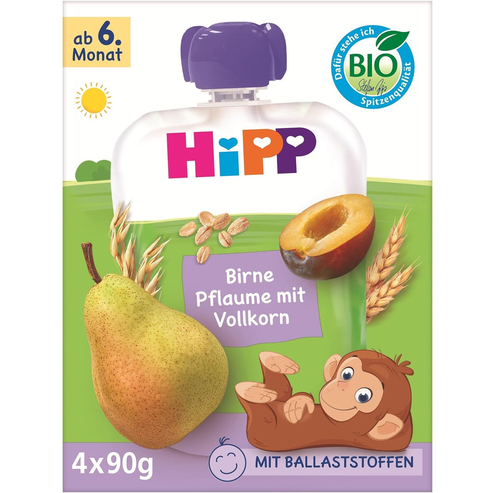 HiPP bio hruškové a švestkové sáčky, celozrnné, 16 kusů (4 balení po 4 x 90 g), pro děti od 6 měsíců, bez přidaného cukru, veganské, nejlepší bio kvalita