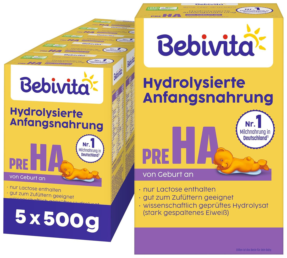 PRE HA (5 x 500 g), hydrolyzované sušené mléko od narození, obsahuje pouze laktózu jako sacharid, vhodné pro dokrmování