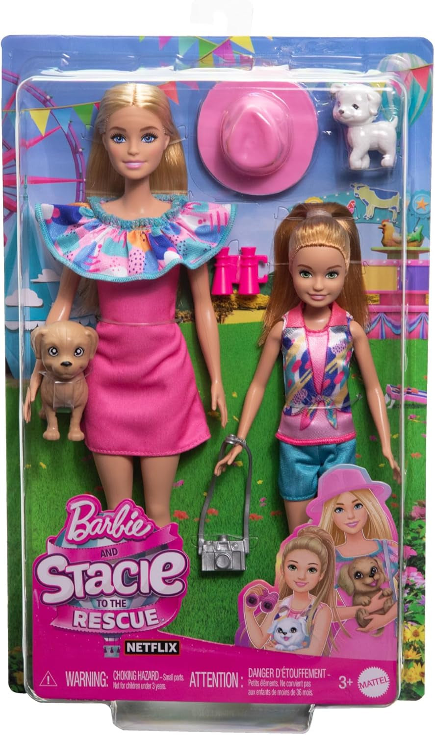 Barbie și sora mai mică Stacie - Asigură aventurile fraților în haine de vară și accesorii, inclusiv aparat de fotografiat, binoclu, pălărie de vară și două pălării mici, pentru copii de la 3 ani, HRM09 Papusi Naty Shop