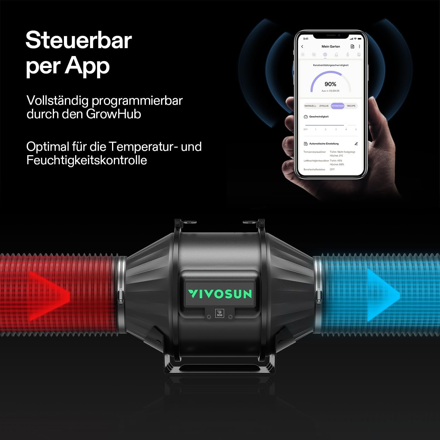 Systém VIVOSUN Smart Grow se 100W LED lampou AeroLight A100SE s integrovaným cirkulačním ventilátorem, potrubním ventilátorem AeroZesh T4 100 mm 357 m³/h a ovladačem GrowHub E42A pro pěstování stanů a pěstování v interiéru