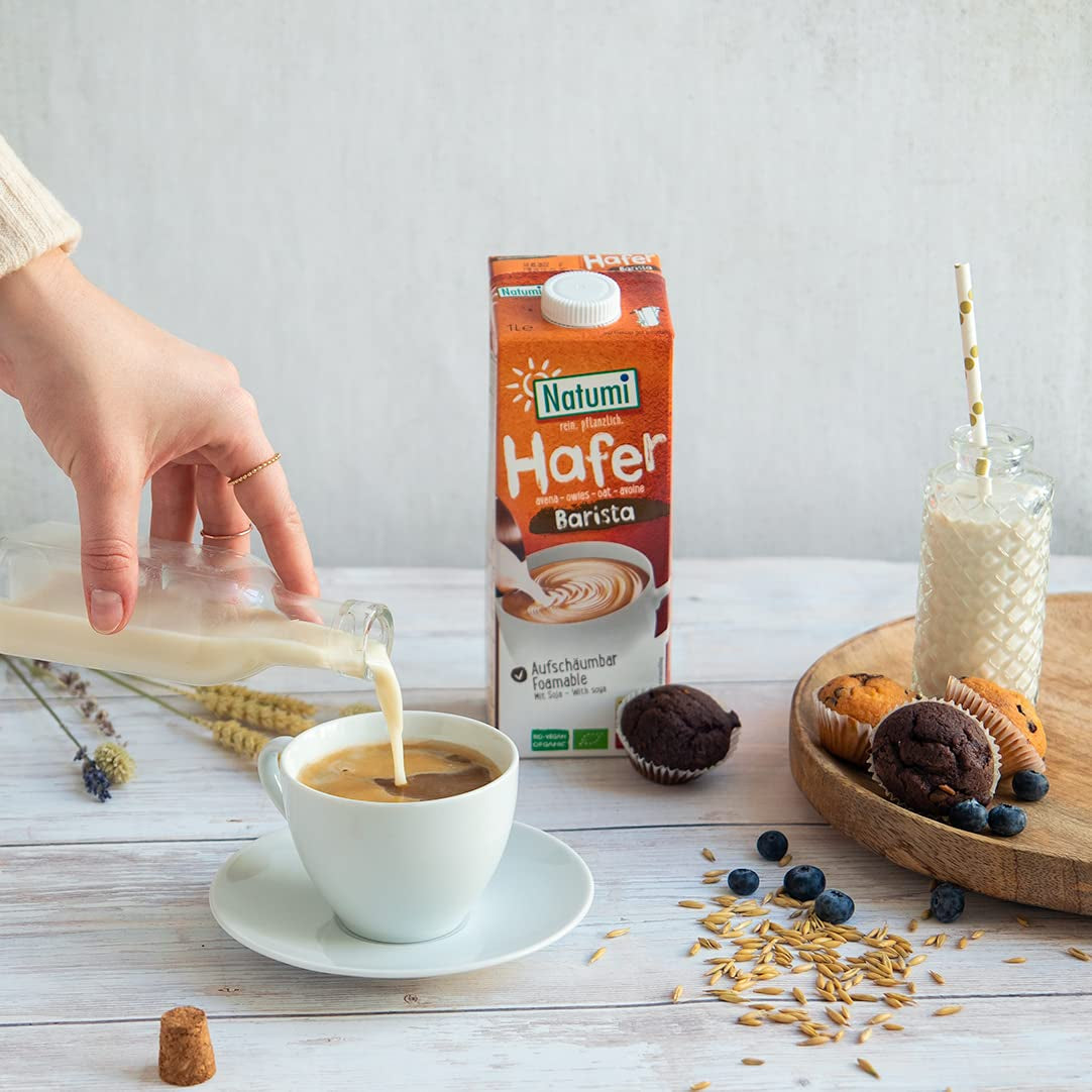 Natumi Bio Hafer Barista, 8 x 1L - bez laktózy, Aufschäumbar, Barista-Style, Bio, Hergestellt mit deutschem Hafer, Vegan, Milchfreie Milchfreie Alternative