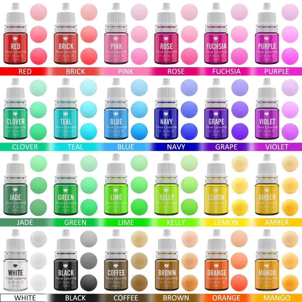 Potravinářské barvivo - 24 zářivých potravinářských barviv na pečení, zdobení dortů, polevu, sušenky, fondant a makarony - Tekuté potravinářské barvivo na výrobu mýdla a řemesla - 24 x 6 ml