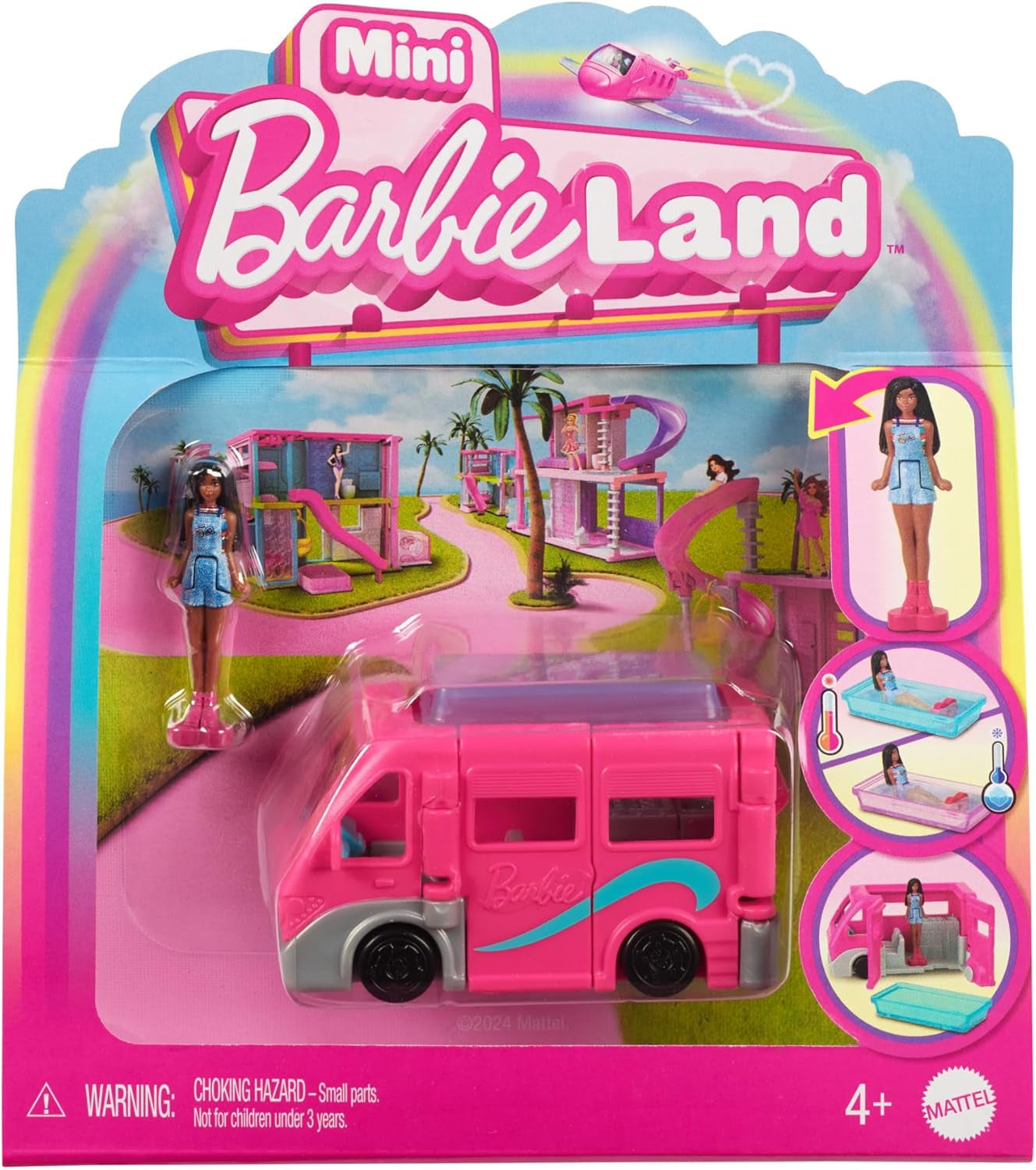Barbie Mini Barbieland set de păpuși și vehicule de jucărie, păpușă de 1,5 inci și vehicul de jucărie iconic cu surpriză care își schimbă culoarea, HYF43 Papusi Naty Shop Dreamcamper