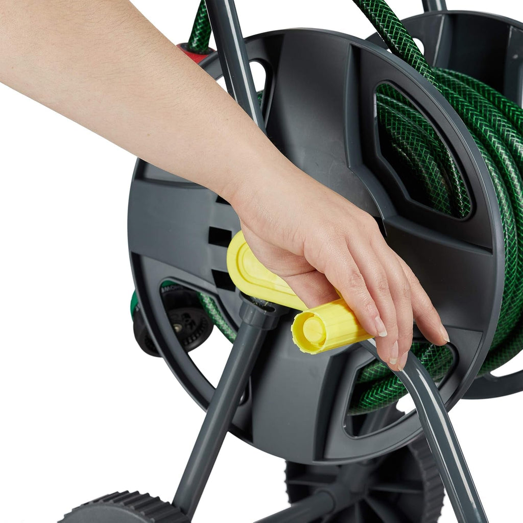 Cărucior furtun Relaxdays 45m, rolă mobilă pentru furtun de grădină și balcon, cu ghidaj pentru furtun, 76,5x44x41 cm, gri-galben