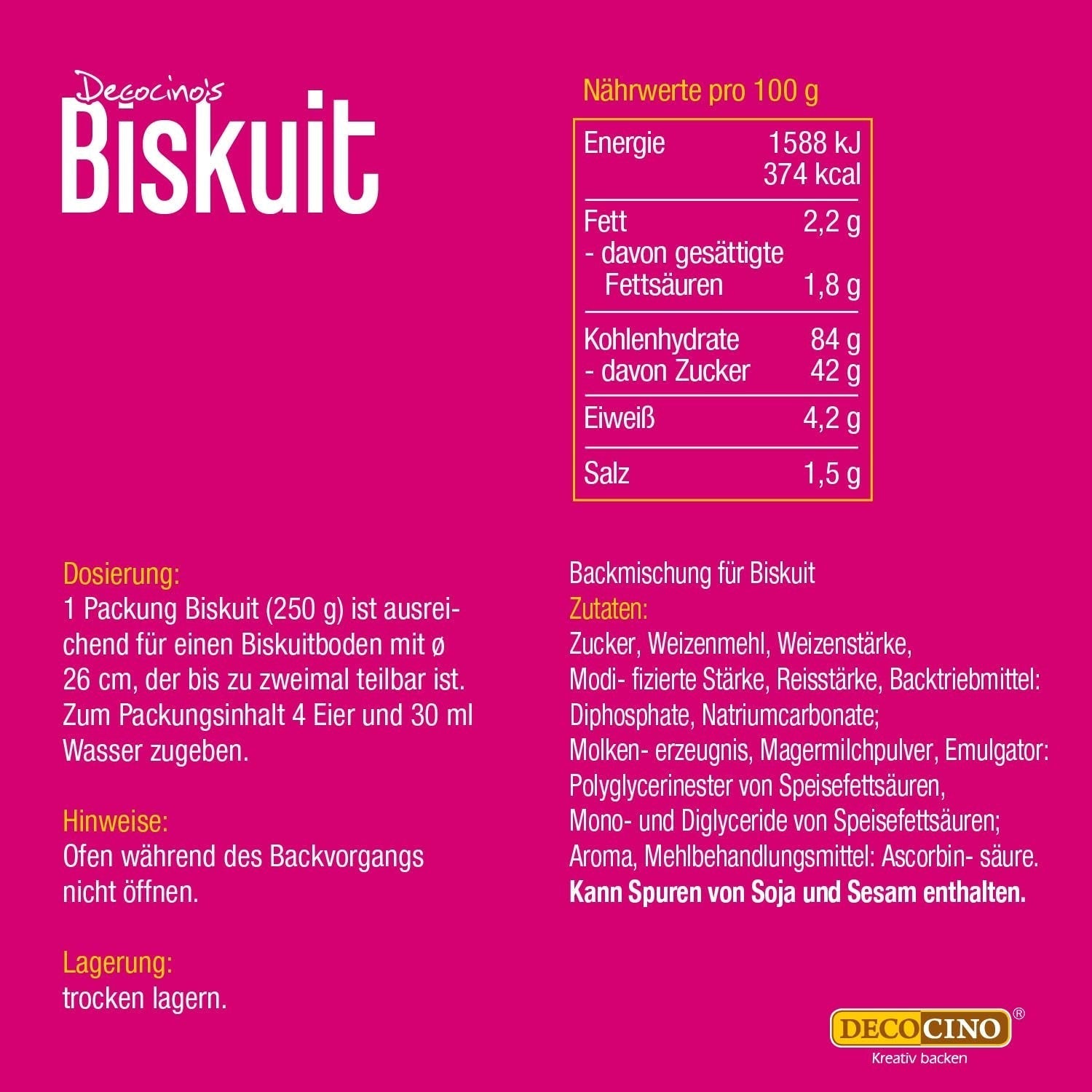 DECOCINO Biscuit Backmischung (250 G) – Einfache Zubereitung – Gelingsicher – Zum Backen Von Luftigen Biskuitböden, Creme-Torten, Biskuitrollen Uvm. Obchod Naty