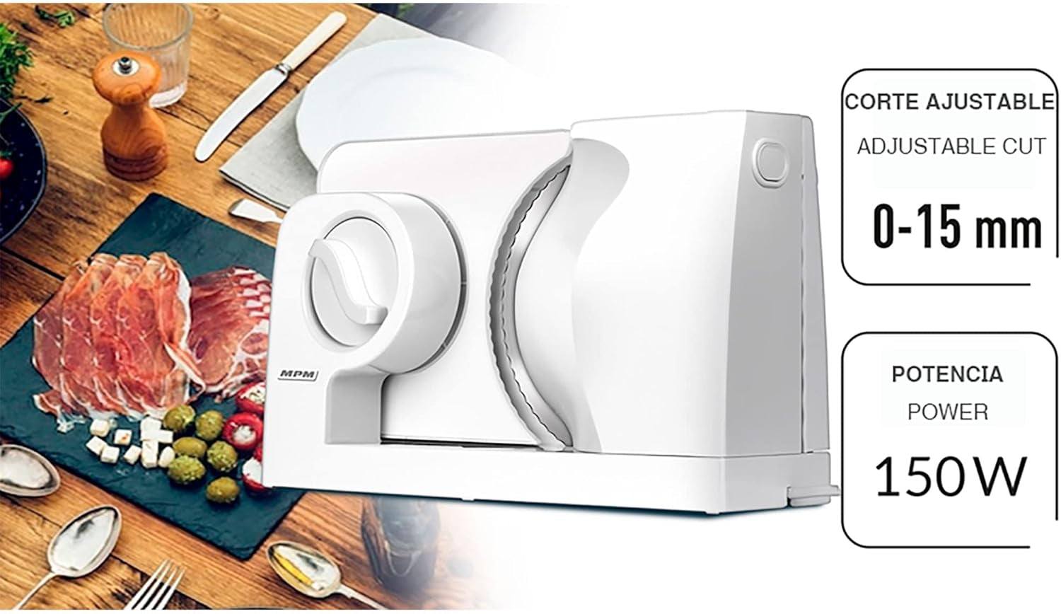 MPM MKR-05 Univerzální elektrický kráječ, nastavitelná tloušťka řezu až 15 mm, 150 W Drtiče a kráječe Naty Shop