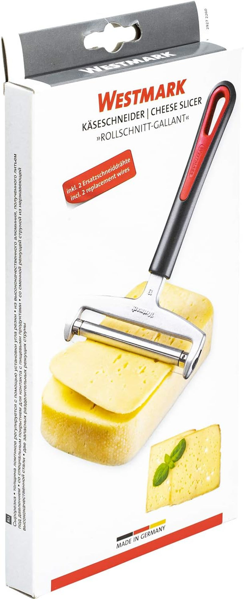 Westmark Käseschneider mit Rolle und auswechselbarem Schneiddraht, Variable Schnittstärke, Breite: 12 cm, Rostfreier Edelstahl/Aluminium/Kunststoff , Schwarz/Rot, 29272260, 17 x 12 x 2 cm