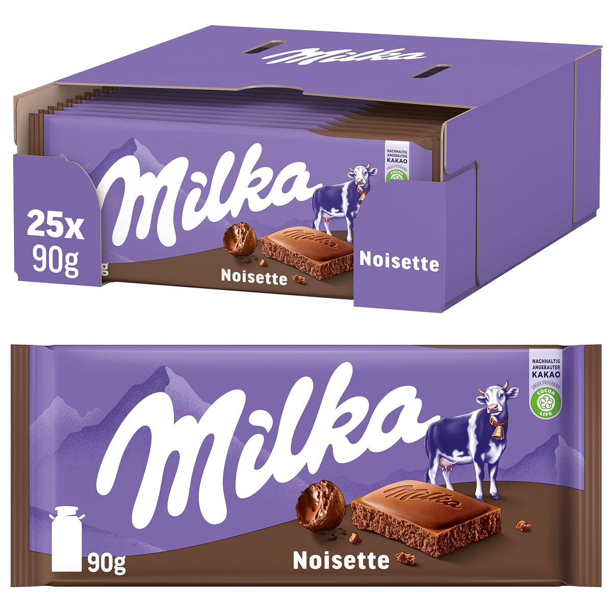 Milka Noisette – Čokoláda z alpského mléka s jemnou a krémovou lískooříškovou náplní – 25 x 90g