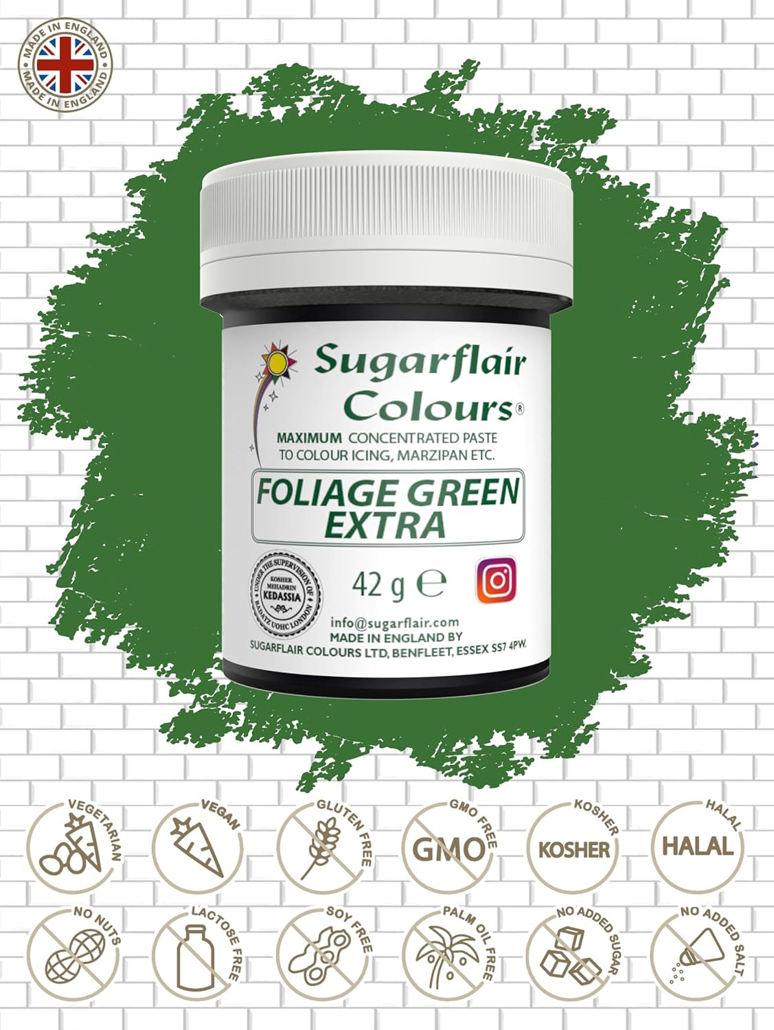 Colorant alimentar Sugarflair Max Concentrated Foliage Green, colorant alimentar foarte concentrat pentru marțipan și fondant, colorant pastă Max Concentrate - 42 g