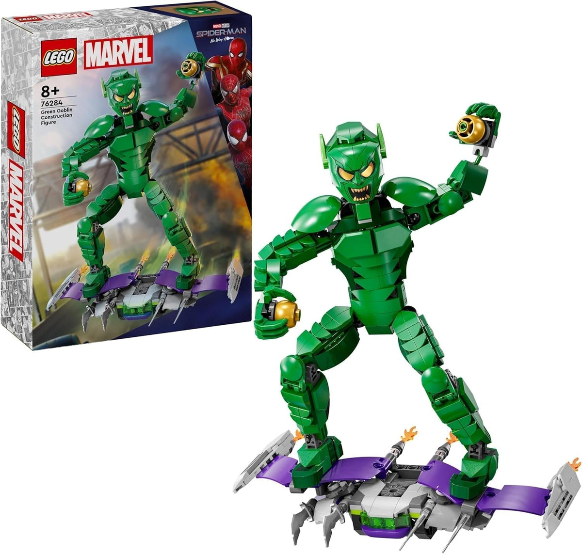 LEGO Marvel Green Goblin Stavební figurka, Pohyblivá stavebnice Super padouch pro děti 8+, Kluci a Holky, Vesmírná sada Spider-Man s posuvníky a dýňovými bombami, Superhrdinský nápad na dárek 76284 Stavebnice Besuche den LEGO-Store Výchozí název