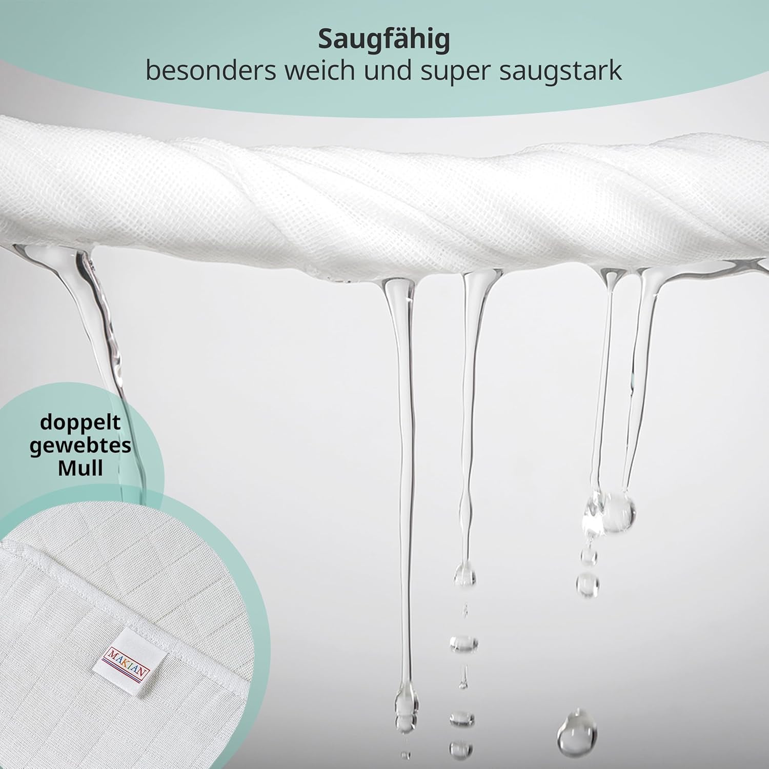 MAKIAN Mušelínové čtverce, Balení po 10 ks, 80x80 cm, Oeko-TEX® Standard 100 Certified, 10 Premium utěrky na odříhnutí – Dvojité tkané látkové čtverce / Mušelínové čtverce, odolné proti varu – bílé