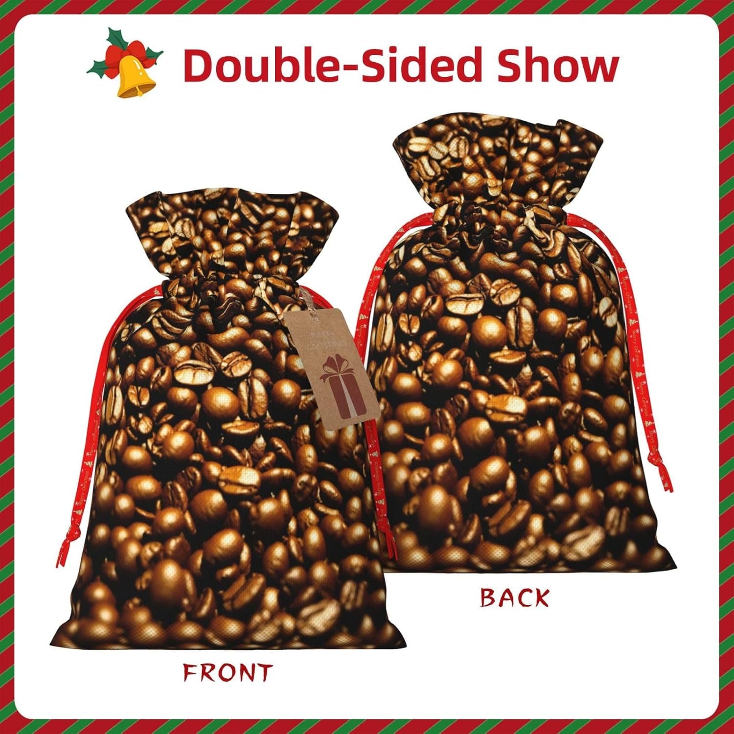 Lustige geröstete Kaffeebohnen, Weihnachtsbeutel mit Kordelzug, robust, 11,9 x 17,5 cm, geeignet für Partygeschenke und Geschenkverpackung, 1 Stück