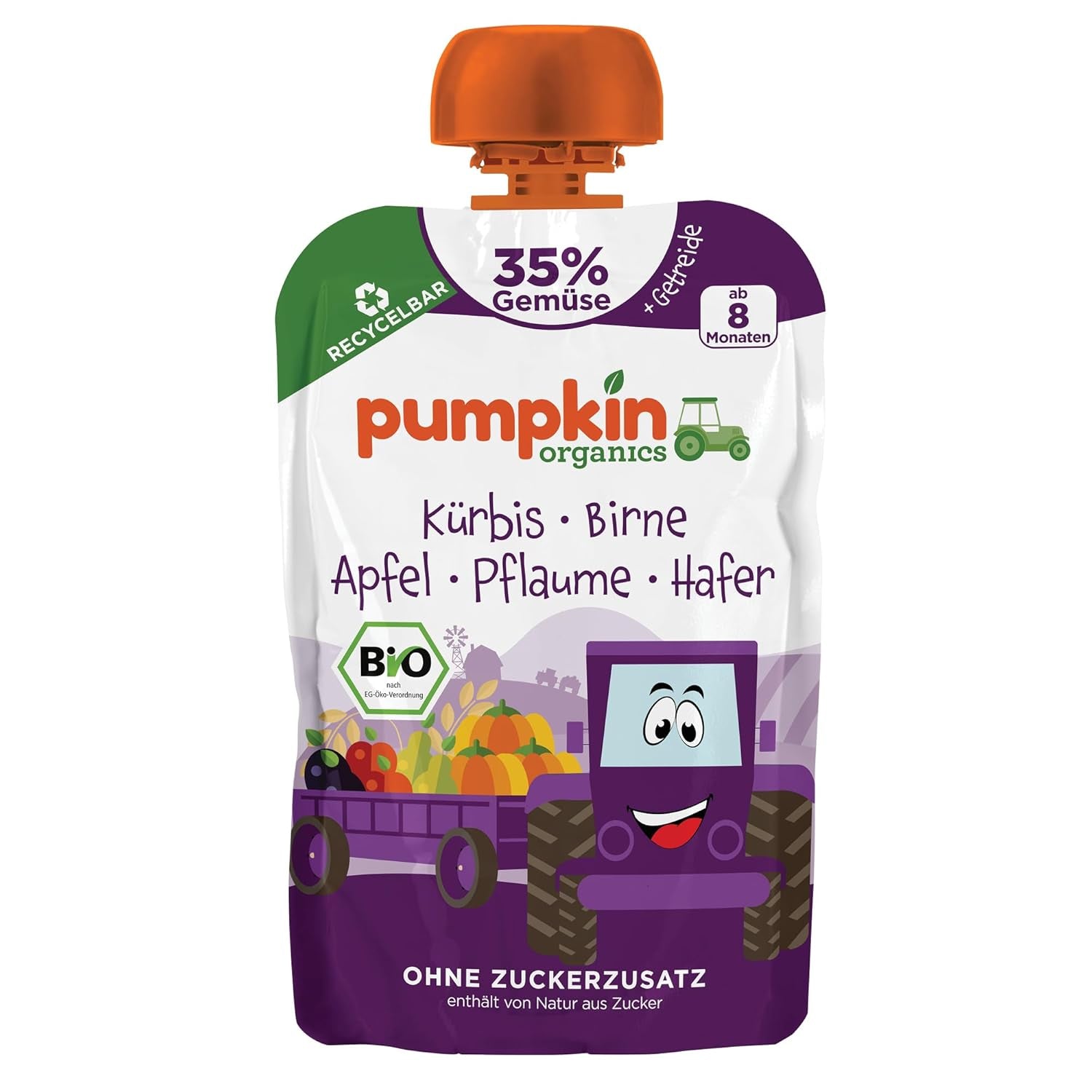 Pumpkin Organics Bio Gemüse-Getreide-Quetschie Kürbis, Birne, Apfel, Pflaume, Hafer ohne Zuckerzusatz¹ - ab 8 Monaten - als Snack nebo Beikost für unterwegs (100 g)