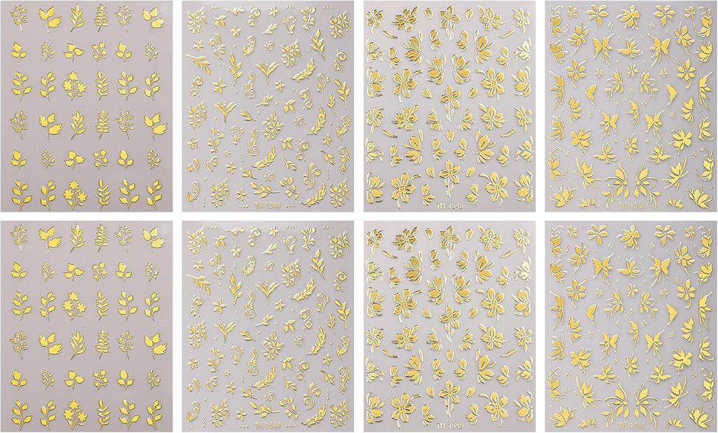 JMEOWIO Nagelsticker Goldene Blumen 8 Blatt Nail Art Sticker Selbstklebend Nagelaufkleber Dekoration Nageldesign Zubehör