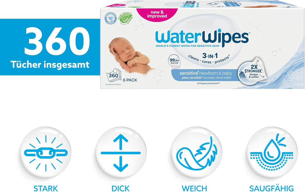 WaterWipes Sensitive+ vlhčené ubrousky pro novorozence a kojence, 360 kusů (6 balení), 3 v 1 čištění, péče, ochrana, 99,9 % vody, bez parfemace