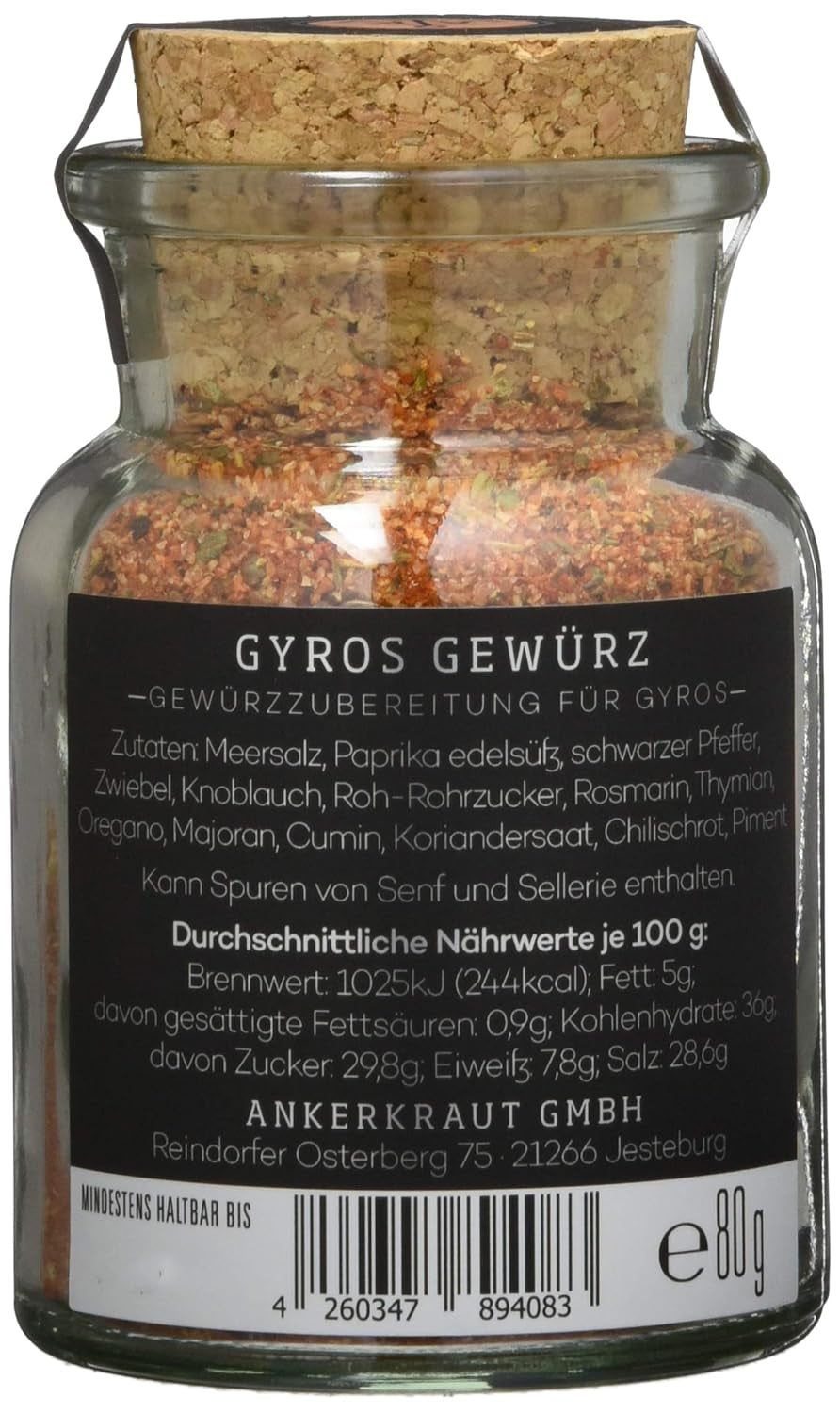 Ankerkraut Gyros, Gewürzmischung für Gyros, egal ob aus der Pfanne nebo vom Grill, mit Zwiebel, Knoblauch, majoránka, kmín, Piment und mehr, 80 g v Korkenglas