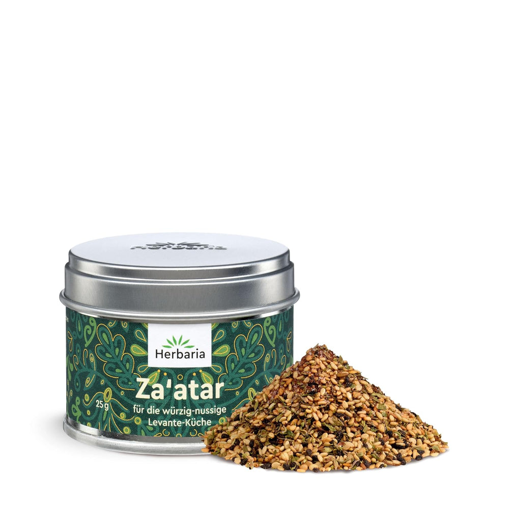 Herbaria Za'atar bio 25g S-Dose – Zaatar Gewürz, Zaatar Gewürz - orientální Organic-Gewürmischung für Gerichte der Levante Küche - mit erlesenen Ingredient - in nachhaltiger Aromaschutz-Dose