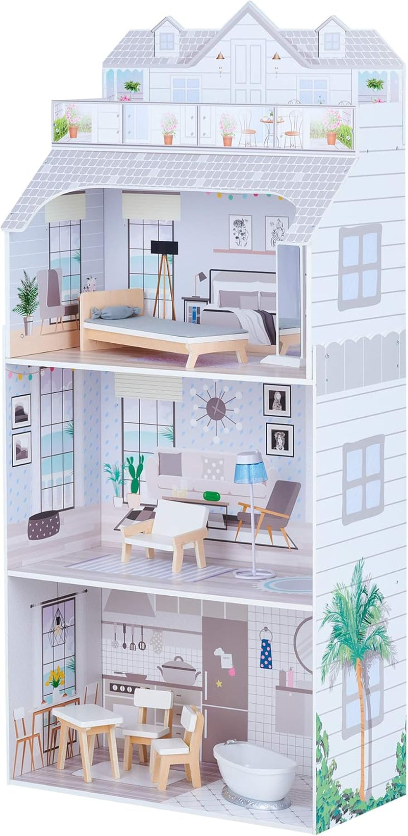 Teamson Kids Casa de păpuși gigantică Olivia's Little World cu mobilier și accesorii, casă de păpuși din lemn, joc cu 3 etaje pentru păpuși de 30 cm, vârste 3+