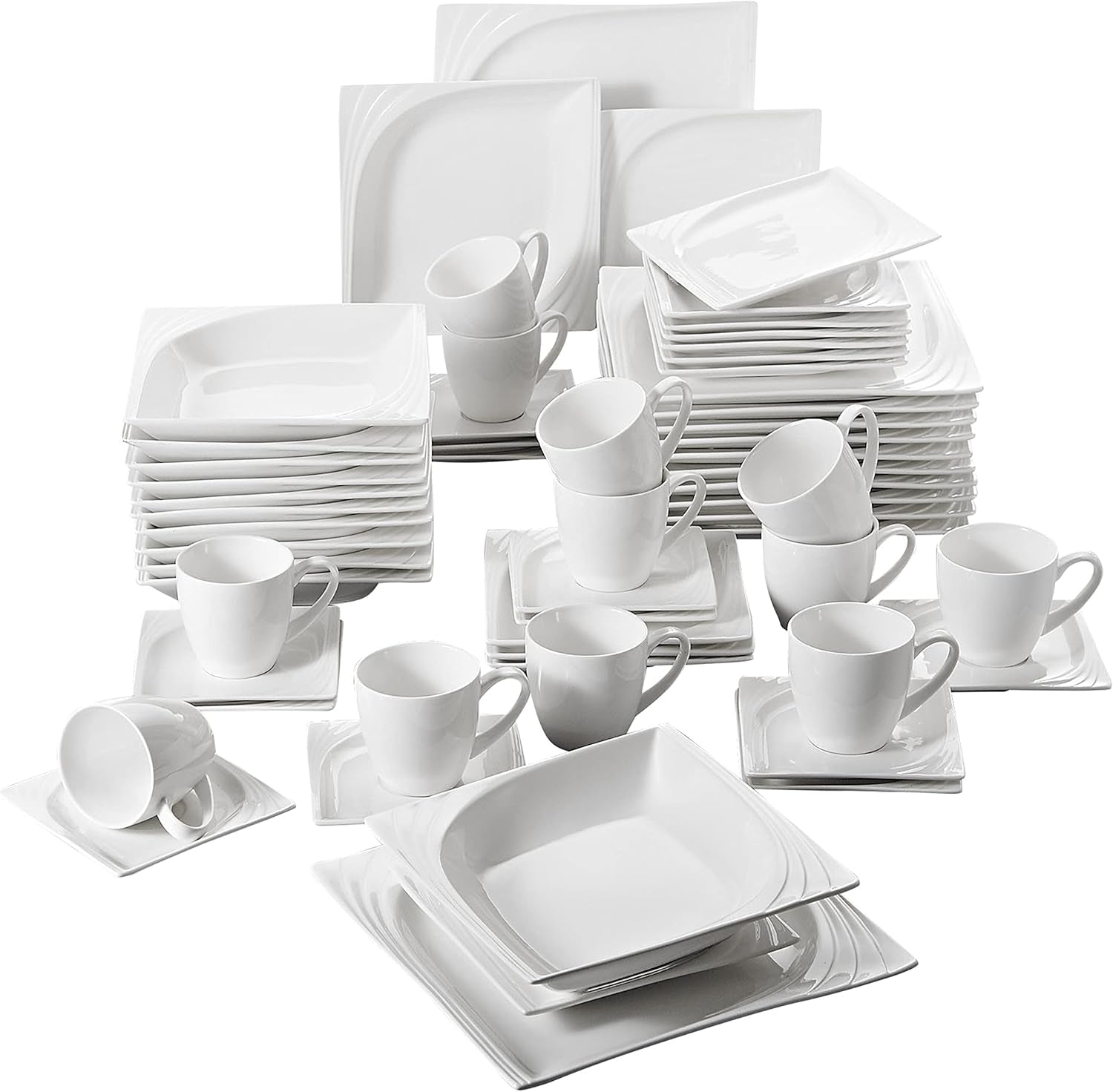 MALACASA, Seria Monica, Set de veselă pentru 12 persoane, Porțelan alb-crem, Serviciu combinat cu 12 cești de cafea, 12 farfurioare, 12 farfurii de desert, 12 farfurii de sumă și 12 farfurii de cină