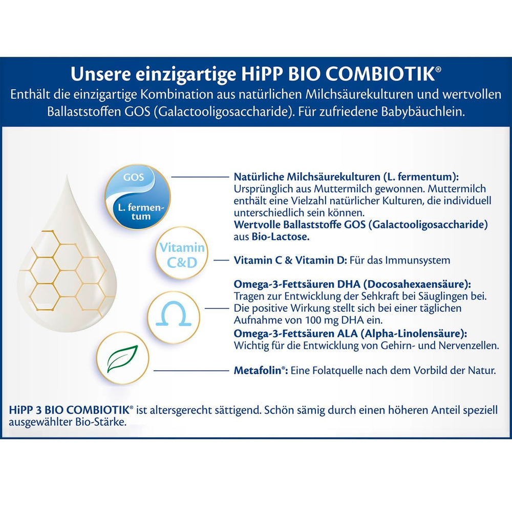 HiPP 3 Bio Combiotik (4 x 600 g), pokračovací mléko od 10 měsíců, s přírodními kulturami kyseliny mléčné, vitaminy C a D, GOS, Omega-3 (DHA, ALA), v nejlepší bio kvalitě