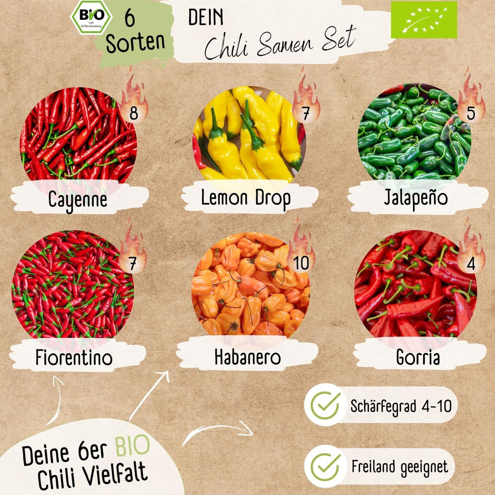 Bio Chili Seed Set - 6 Bio Chili semínek, jemně až extrémně pikantní, zdarma opylovaná kvalita | od pikantního Habanera po barevné a tradiční odrůdy chilli – Pepperoni Seeds