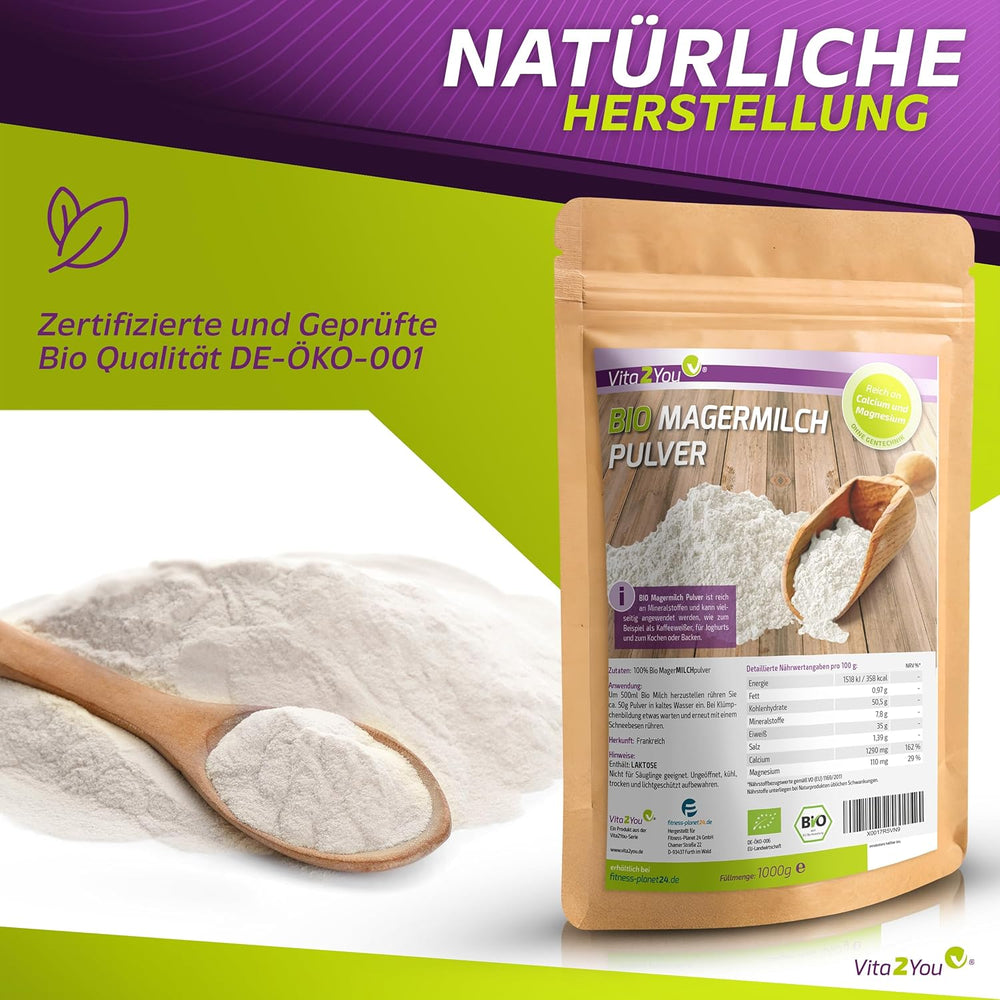 Vita2You Bio sušené odstředěné mléko 1000 g - 100% Bio Qualität - na pečení - Kaffeeweißer - Mléčný prášek pro jogurty - 1 kg - Premium Qualität