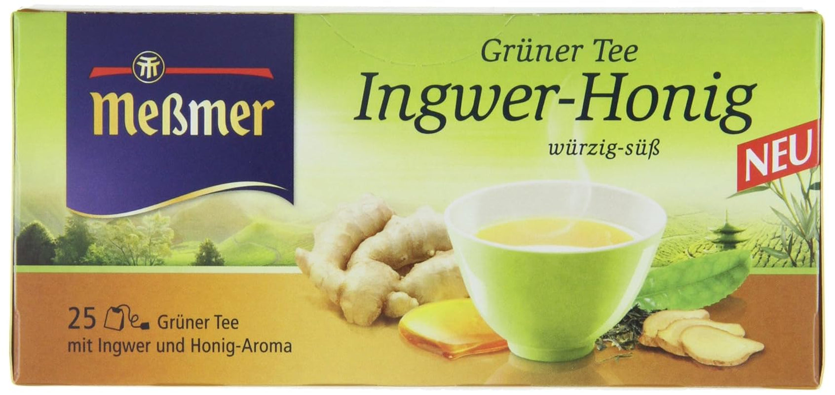 Ceai verde Meßmer cu ghimbir și miere | 25 pliculețe de ceai | Vegan | Fără gluten | Fără lactoză