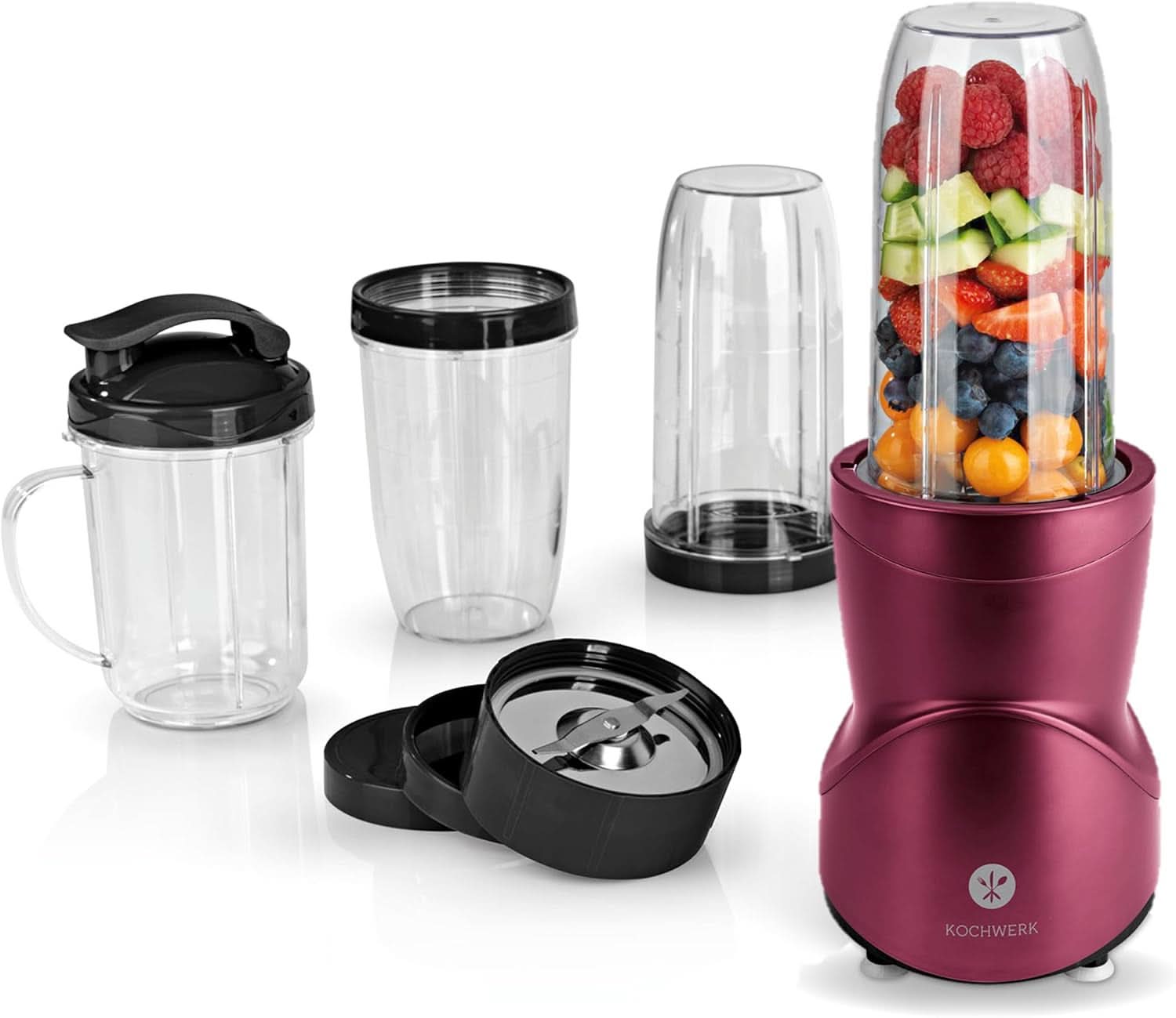 Smoothie Maker 12-Tlg | To-Go Deckel & 4 Mixbehälter | Für Obst, Gemüse & Nüsse | Mit Ice-Crush Funktion | Mini-Standmixer Zum Mixen, Rühren, Zerkleinern, Mahlen, Hacken & Pürieren | Bpa-Frei Bucatarie Naty Shop Rot