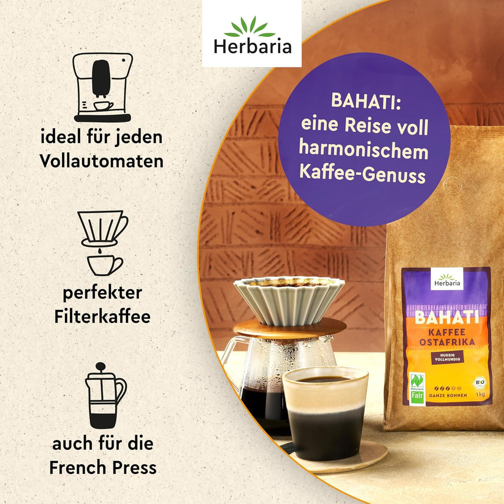 Herbaria BAHATI | BIO Kaffee ganze Bohnen | Naturland Fair zertifiziert aus Ostafrika | ausgewogene Röstaromen mit Noten von gerösteten Nüssen & Schokolade | Kaffeebohnen für Kaffeevollautomaten | 1kg