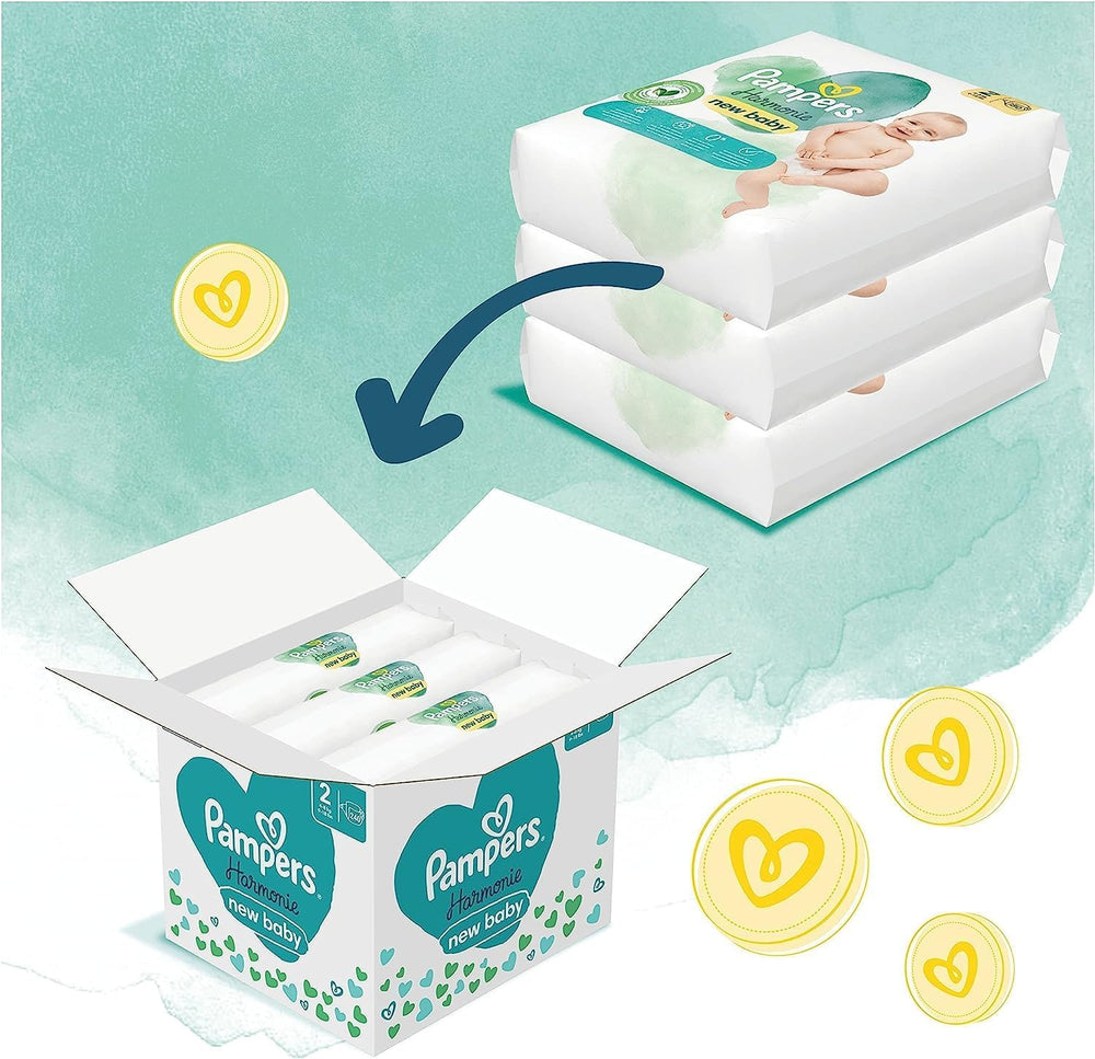 Sada dětských plen Harmonie Velikost 2 (4-8 kg, 240 kusů) MĚSÍČNÍ BOX a Krabice na vlhčené ubrousky Harmonie Aqua Baby 720 ubrousků (15 x 48), Baby Essentials